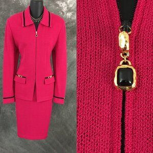 BEAUTIFUL St John collection knit pink black multi jacket skirt suit 6 8